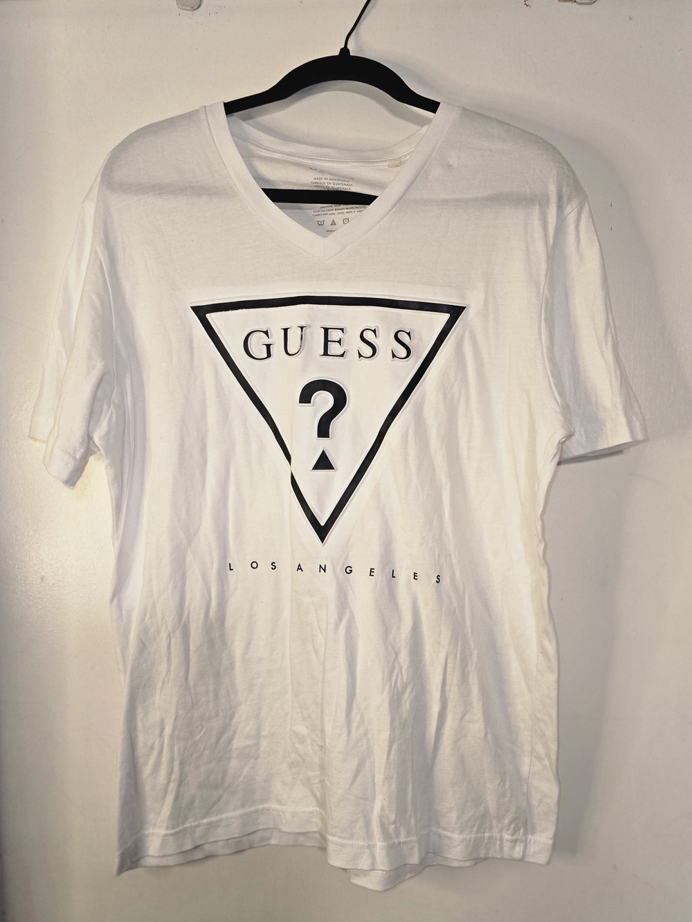 Guess White V-Neck Tee with Black Logo